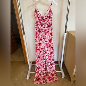 Club L London Pink and Red Floral Cowl Neck Maxi Dress